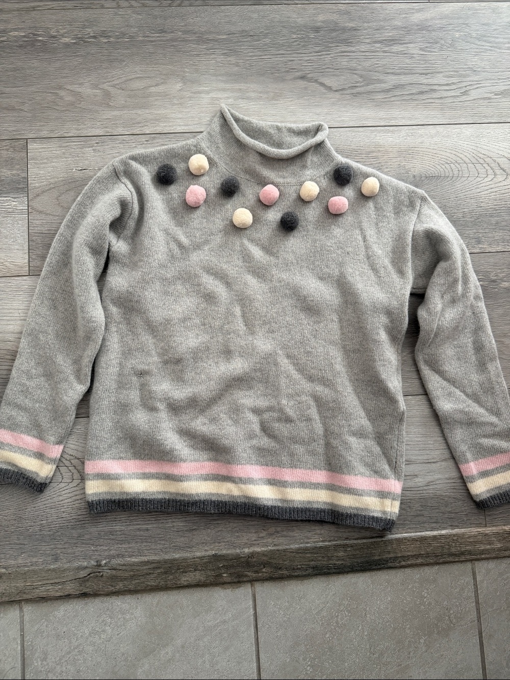 Il Gufo Gray Turtleneck Sweater with Pink, Cream & Charcoal Pom-Poms 12yrs girl